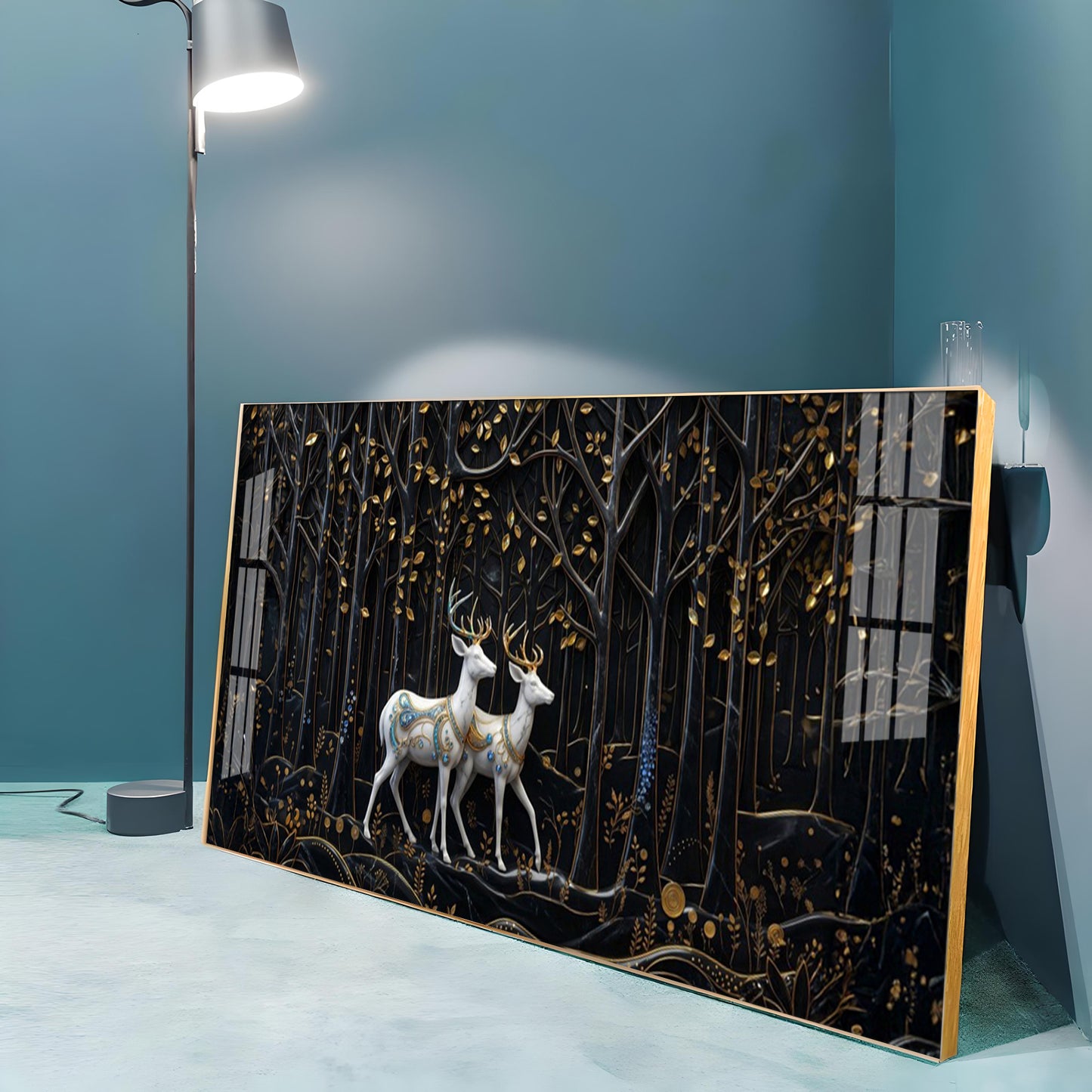 Two White Deer In A Black Forest Premium Acrylic Horizontal Wall Art