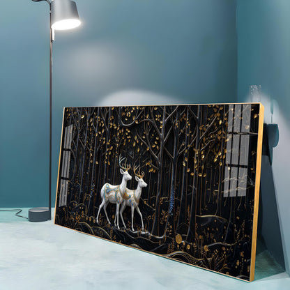Two White Deer In A Black Forest Premium Acrylic Horizontal Wall Art