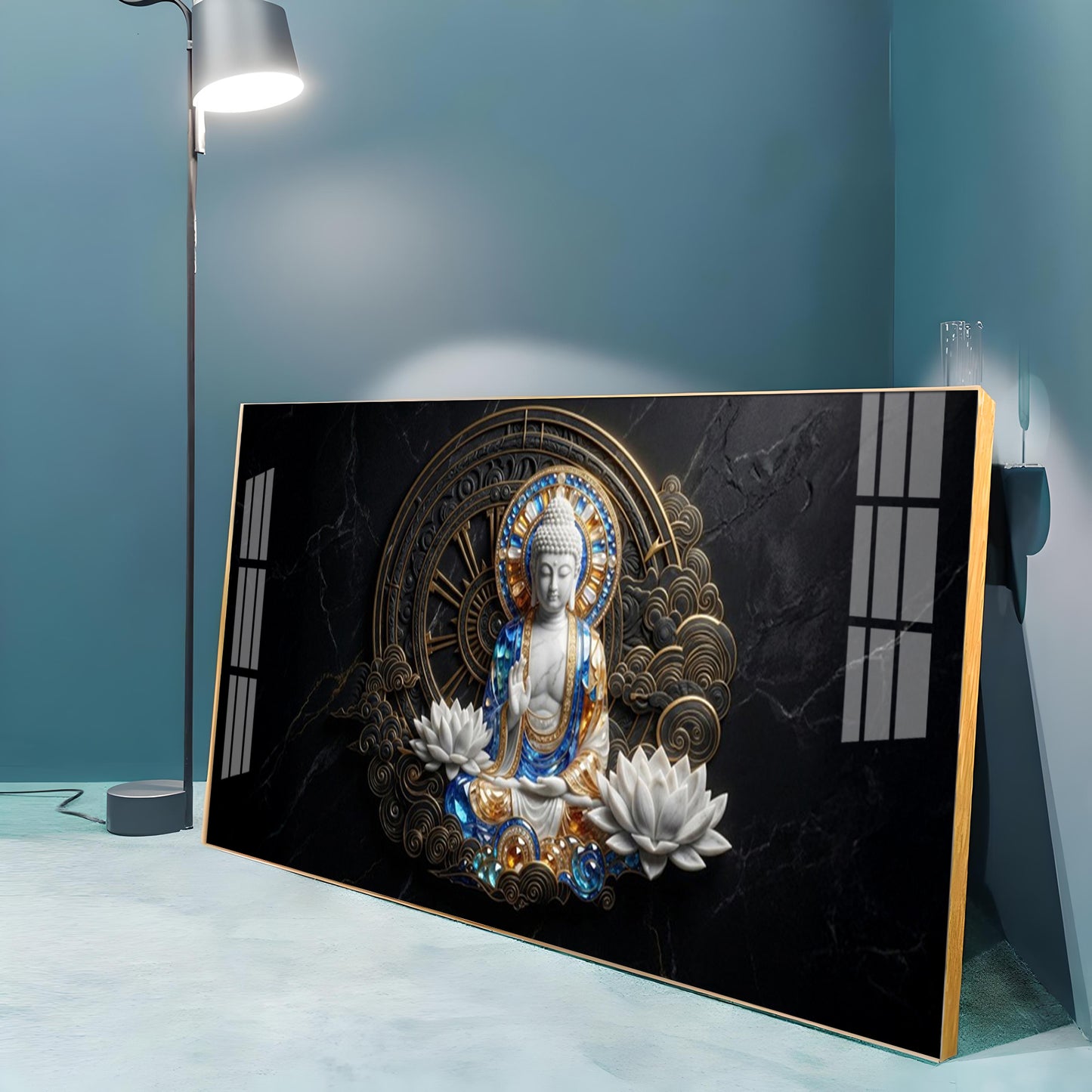 White & Gold Buddha With Flowers Premium Acrylic Horizontal Wall Art