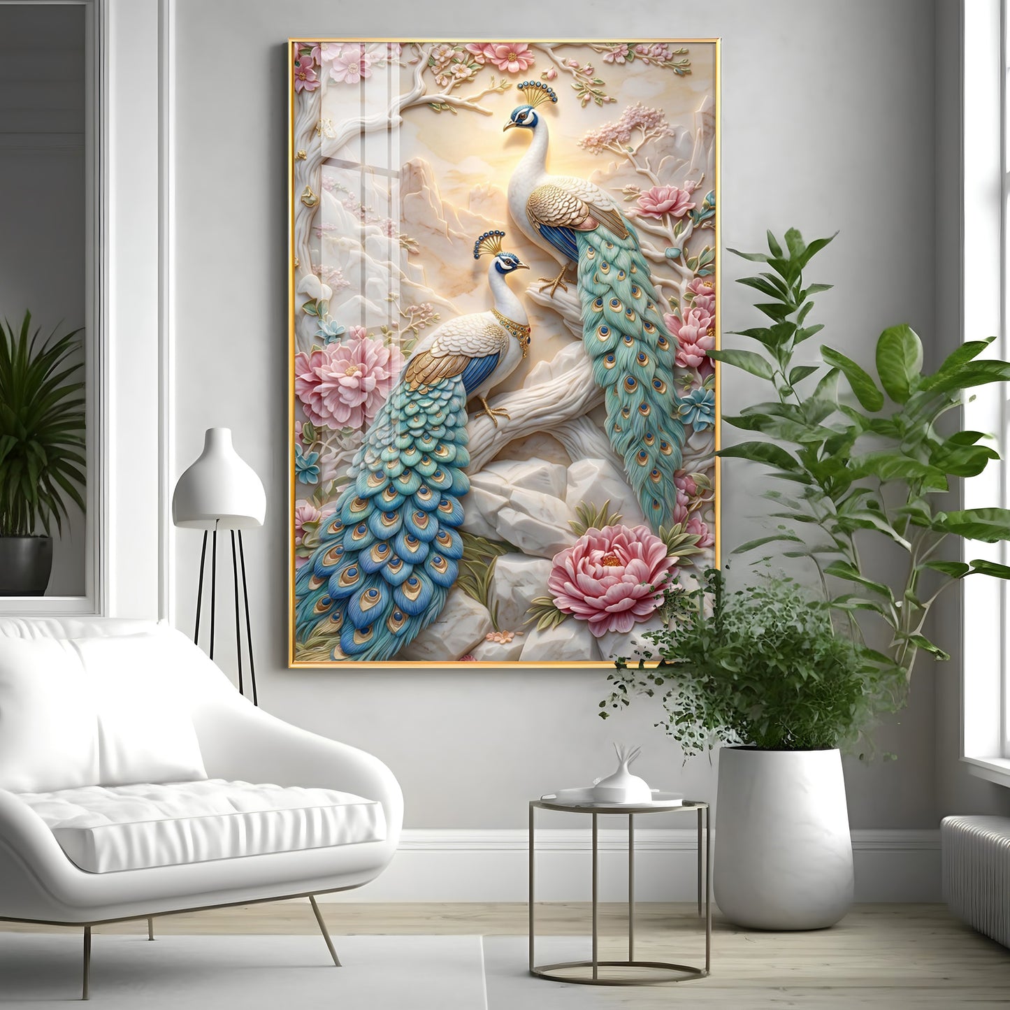 Stylist Peacock and Floral Design Premium Acrylic Vertical Wall Art