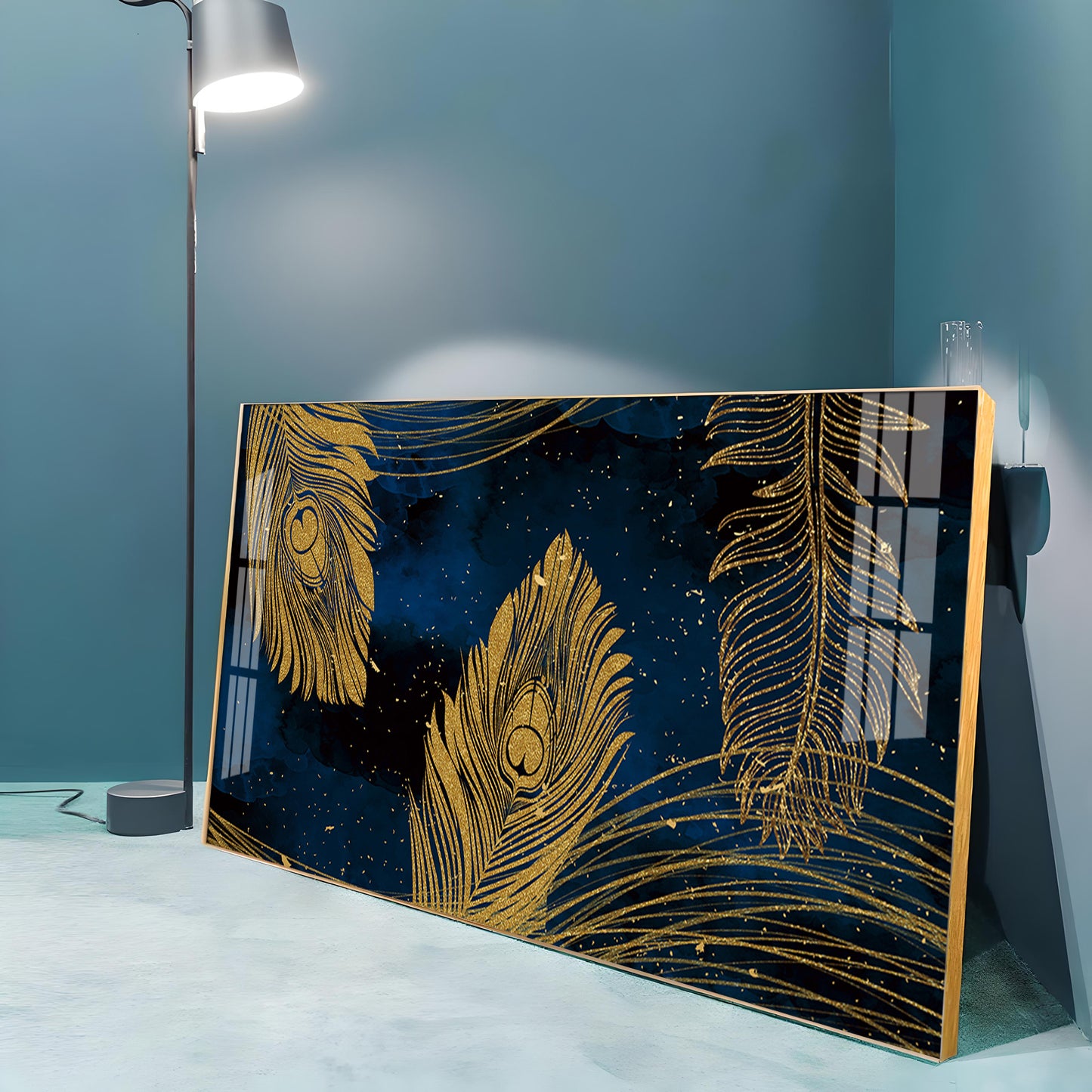 Gold Metallic Peacock Feathers Premium Acrylic Horizontal Wall Art