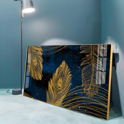 Gold Metallic Peacock Feathers Premium Acrylic Horizontal Wall Art