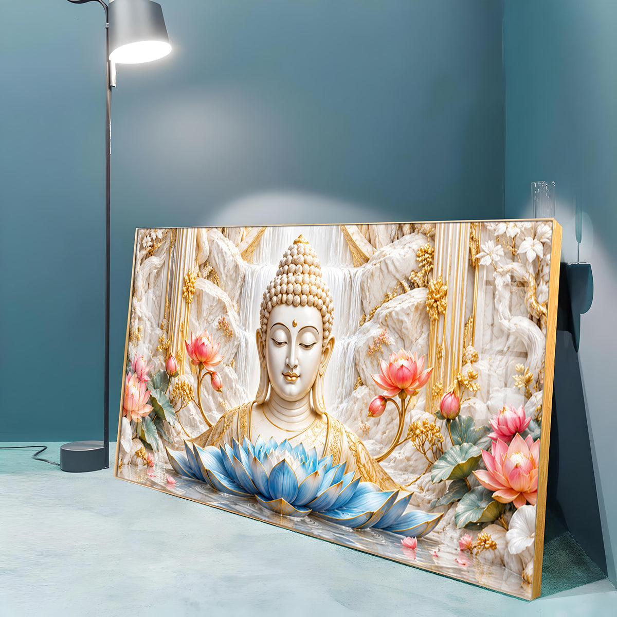 Buddha With Blue Lotus Premium Acrylic Horizontal Wall Art