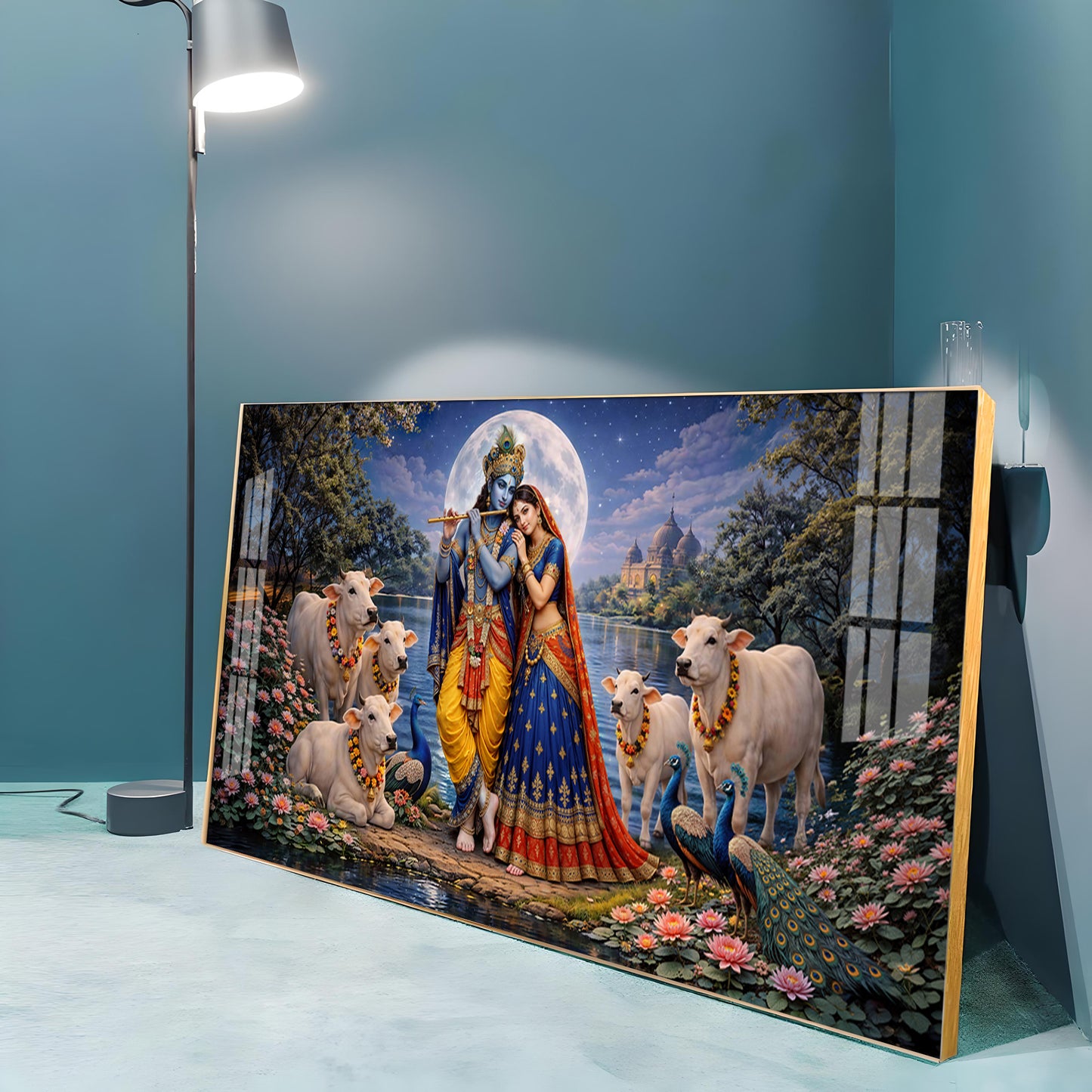 Shri Radha Krishna With Cow Premium Acrylic Horizontal Wall Art