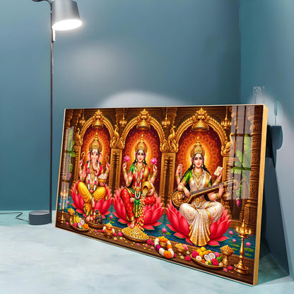 Lord Ganesha, Goddess Lakshmi and Goddess Saraswati Premium Acrylic Horizontal Wall Art