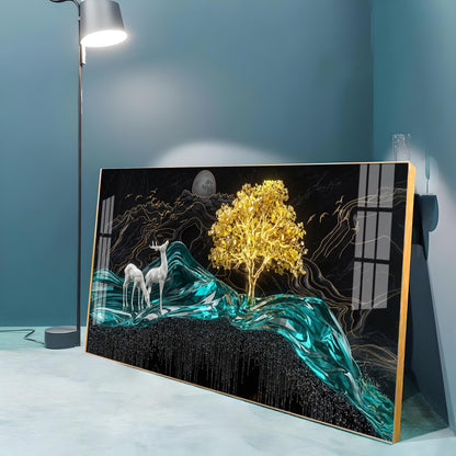 Deer With Golden Tree Harmony Premium Acrylic Horizontal Wall Art