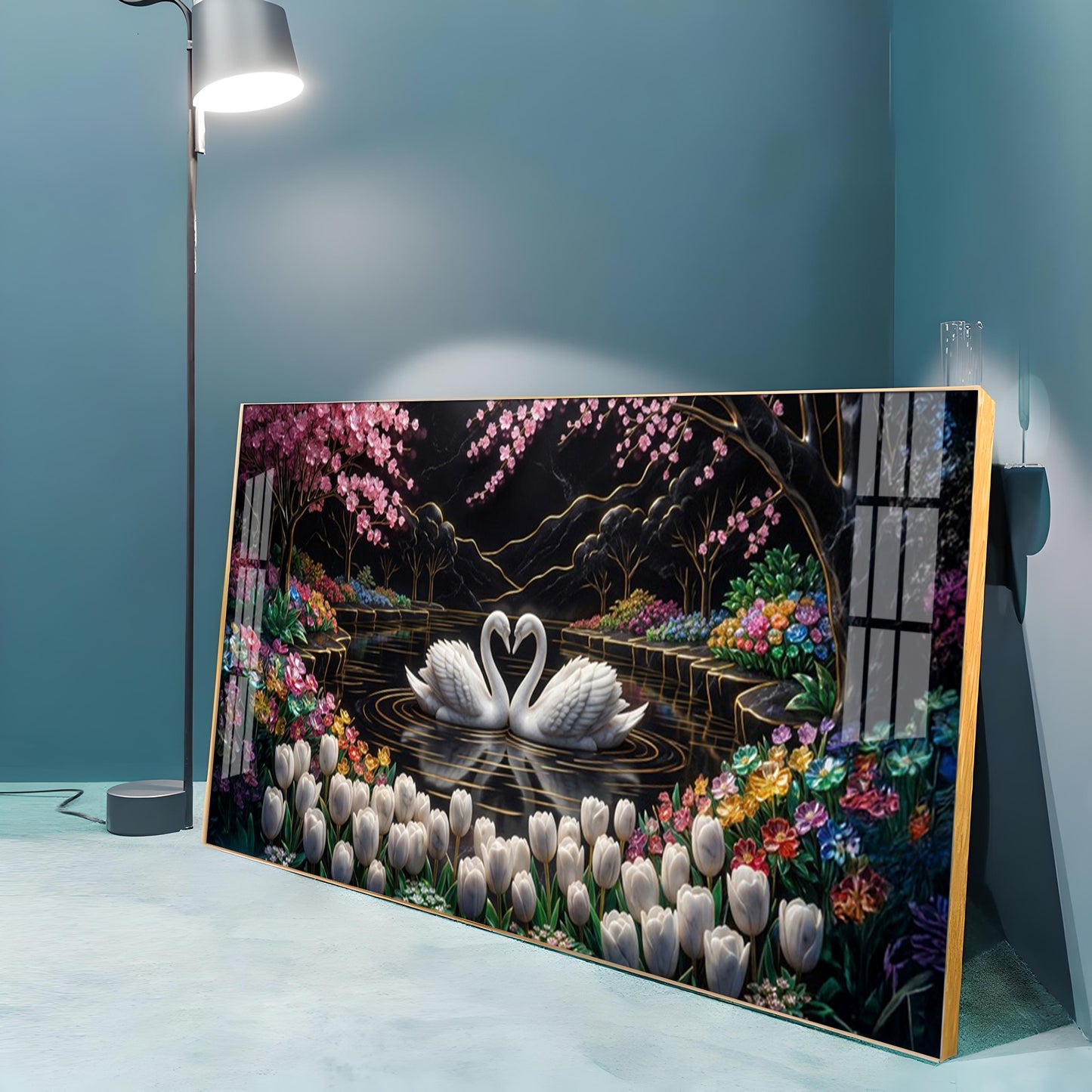 Romantic Swan Lake Love Birds Premium Acrylic Horizontal Wall Art