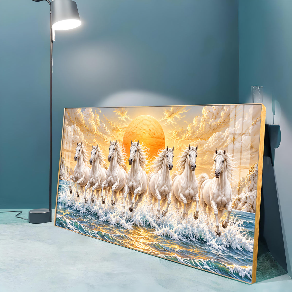 Majestic White Seven Running Horses In sun Rise Premium Acrylic Horizontal Wall Art