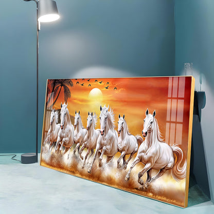 7 White Running Horses in The Sea With Sunrise Premium Acrylic Horizontal Wall Art