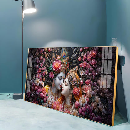 Floral Radha Krishna With Beautiful Background Premium Acrylic Horizontal Wall Art