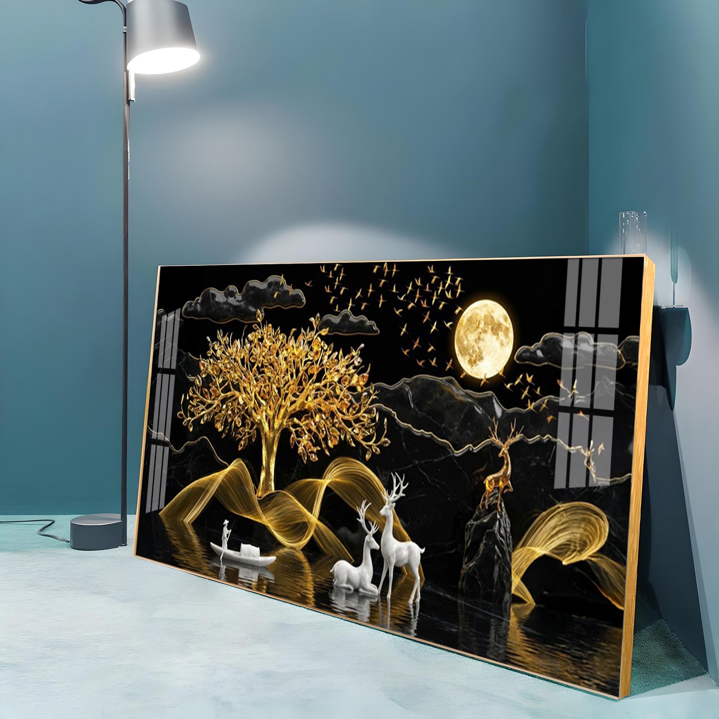 White Deer With Golden Tree Premium Acrylic Horizontal Wall Art