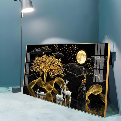White Deer With Golden Tree Premium Acrylic Horizontal Wall Art