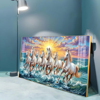 7 Running Horses Galloping Across Water Premium Acrylic Horizontal Wall Art