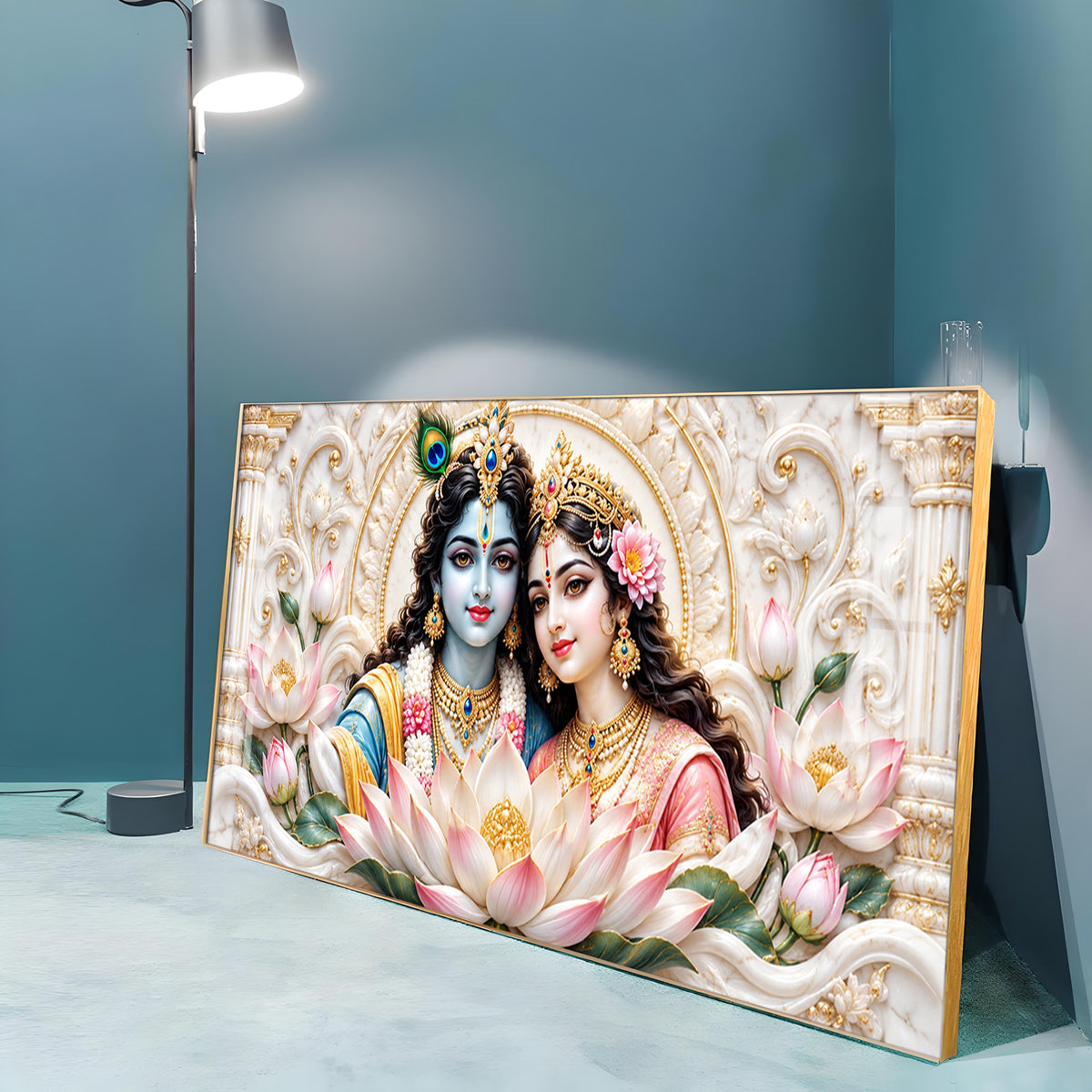 Radha Krishna With Lotus Premium Acrylic Horizontal Wall Art