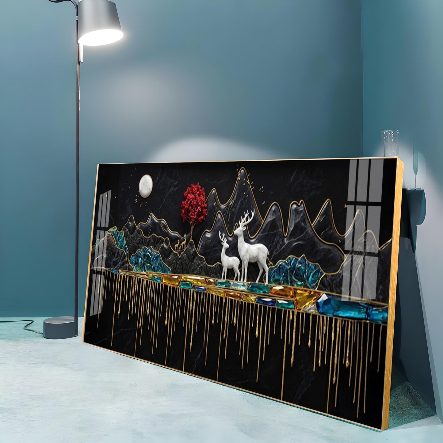 Nature's Gold With Deer in the Mountains Premium Acrylic Horizontal Wall Art