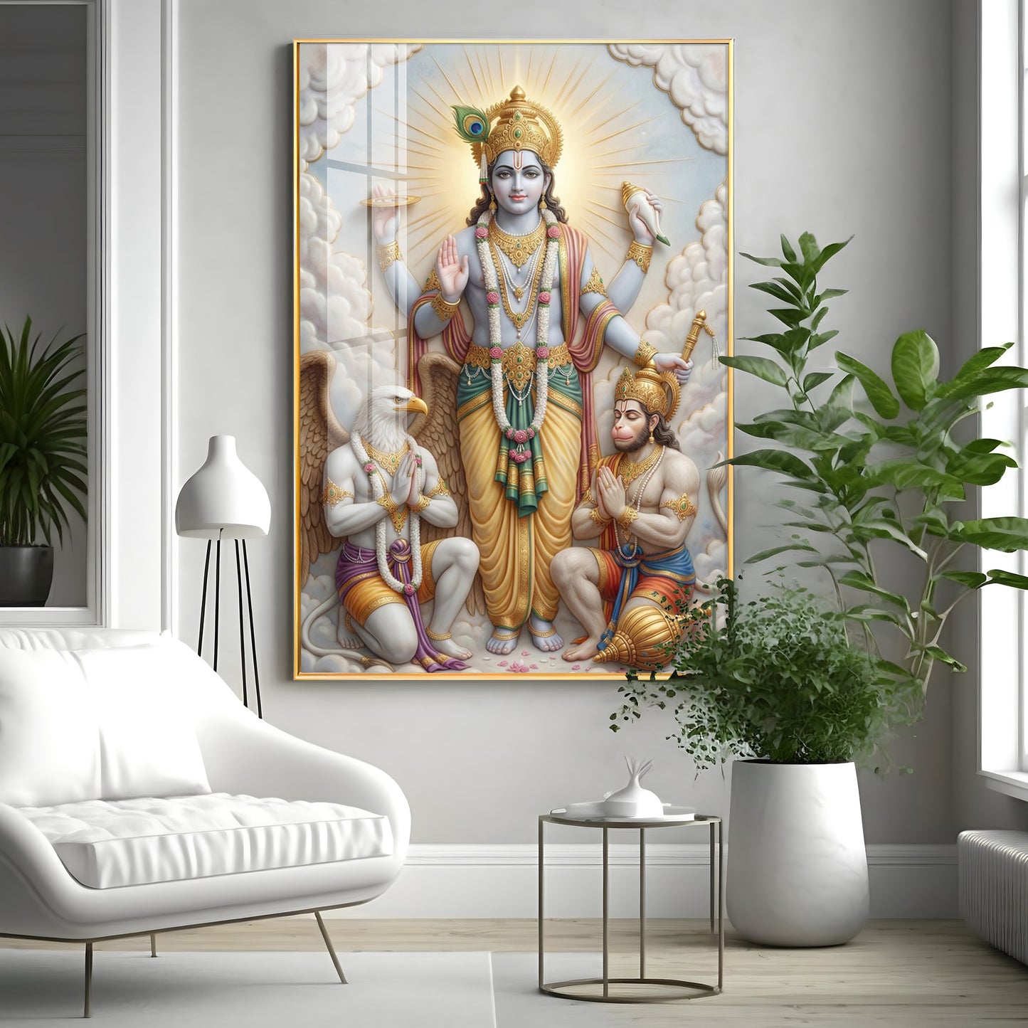 Lord Vishnu With Garuda And Hanuman Ji Premium Acrylic Vertical Wall Art