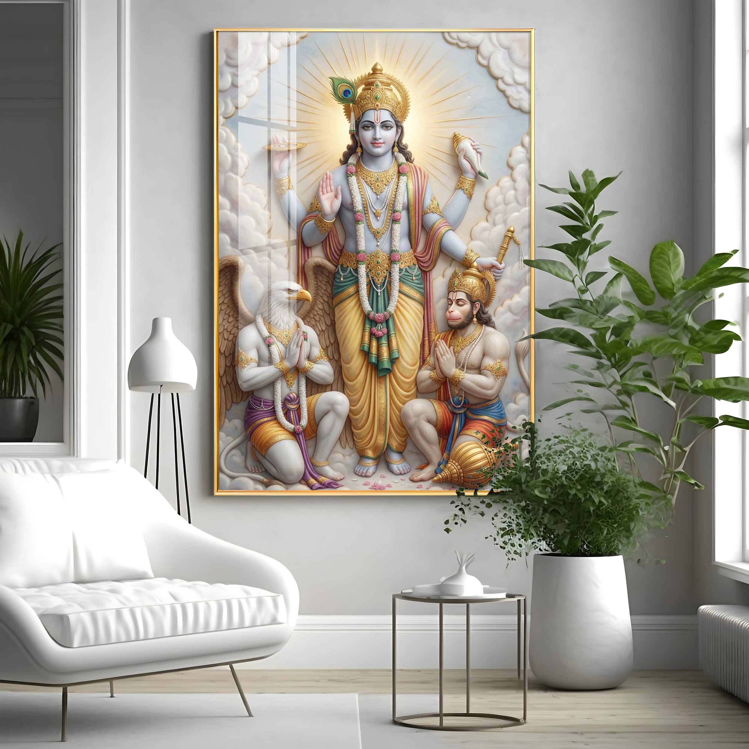 Lord Vishnu With Garuda And Hanuman Ji Premium Acrylic Vertical Wall Art