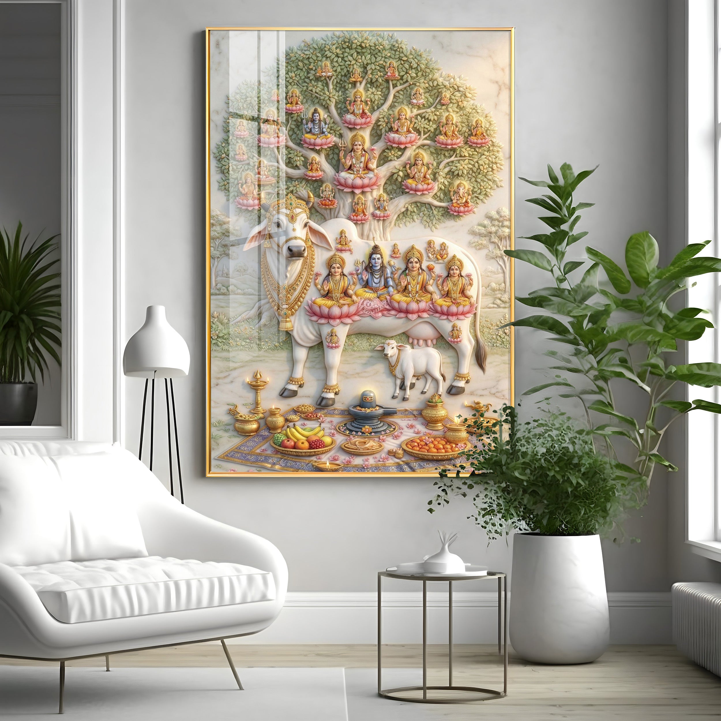 Om Namho Shri Kamdhenu Cow Premium Acrylic Vertical Wall Art