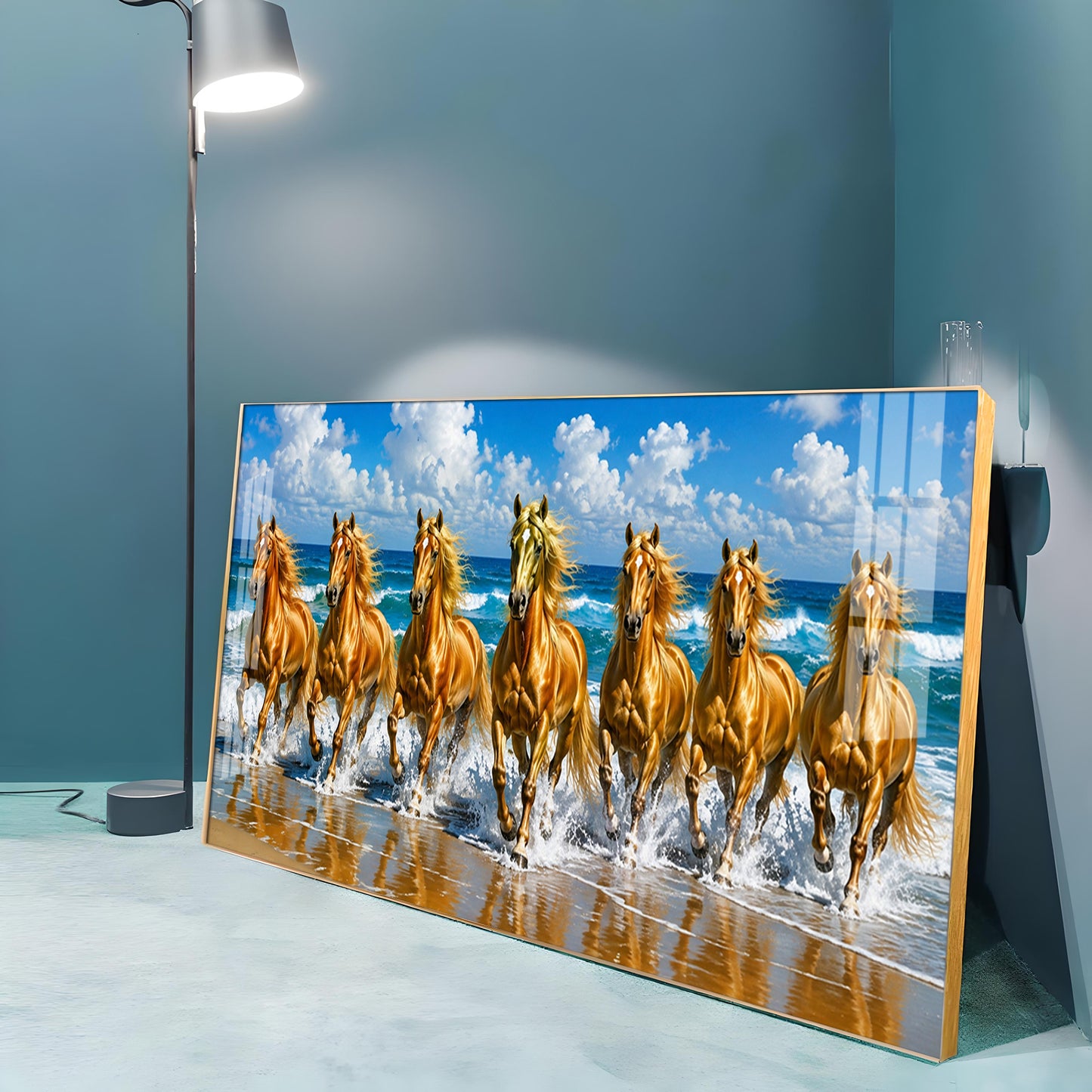 Seven Golden Horses In Ocean Premium Acrylic Horizontal Wall Art