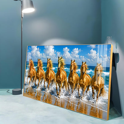 Seven Golden Horses In Ocean Premium Acrylic Horizontal Wall Art