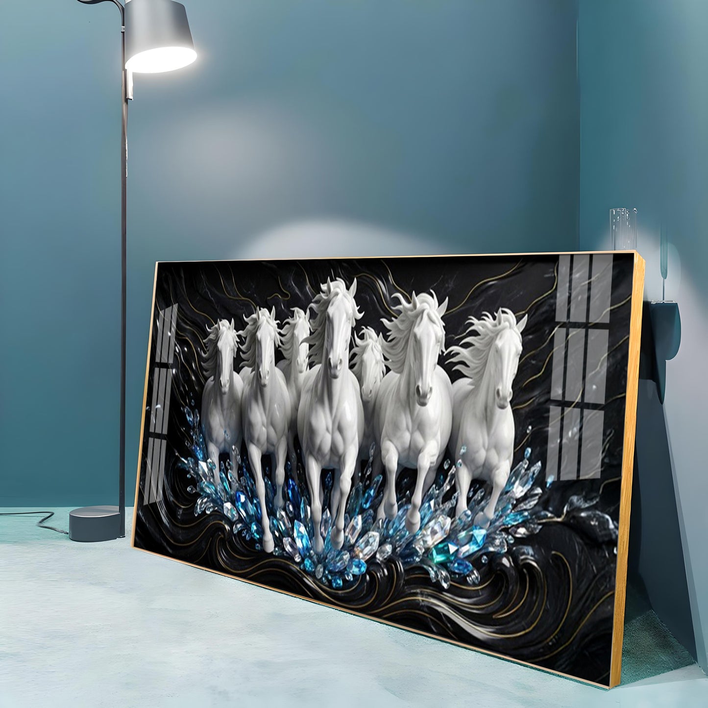 White Seven Running Horses Motivational Premium Acrylic Horizontal Wall Art