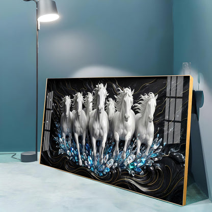 White Seven Running Horses Motivational Premium Acrylic Horizontal Wall Art