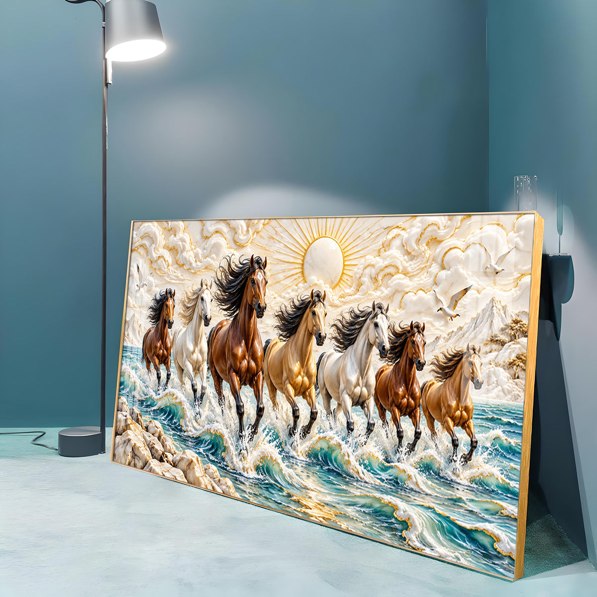 Seven Running Horses in Sea Premium Acrylic Horizontal Wall Art