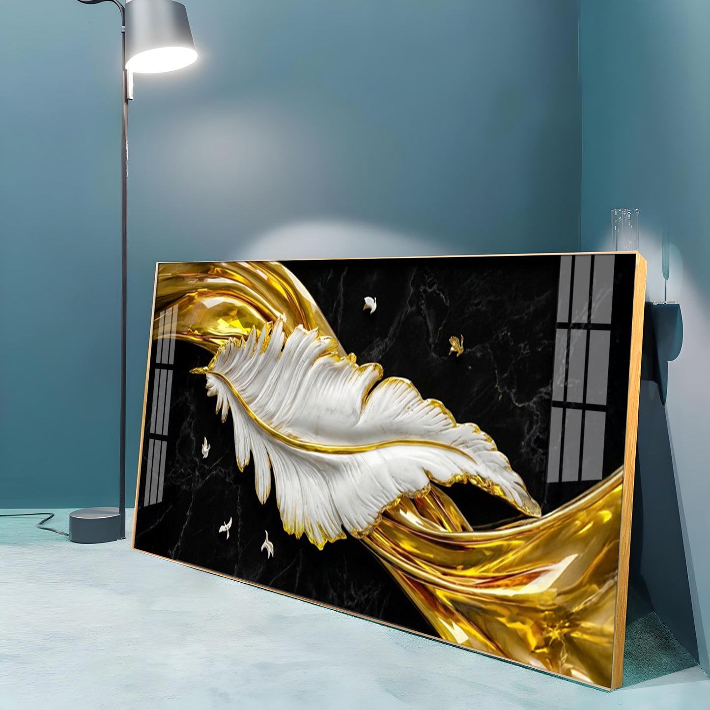 White & Gold Feather Premium Acrylic Horizontal Wall Art