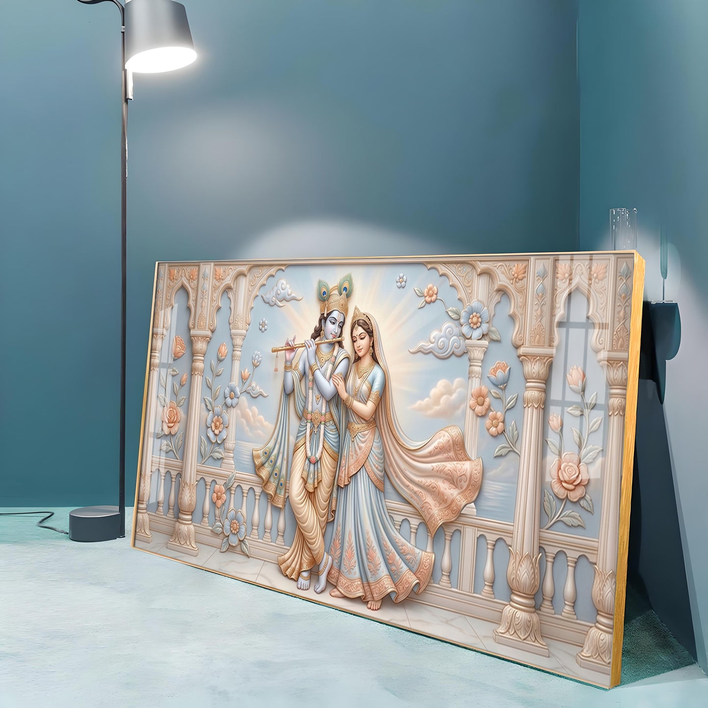 Krishna Playing The Flute Beside Radha Premium Acrylic Horizontal Wall Art