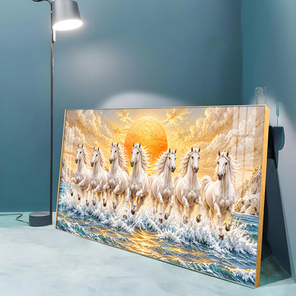 Majestic White Seven Running Horses In sun Rise Premium Acrylic Horizontal Wall Art