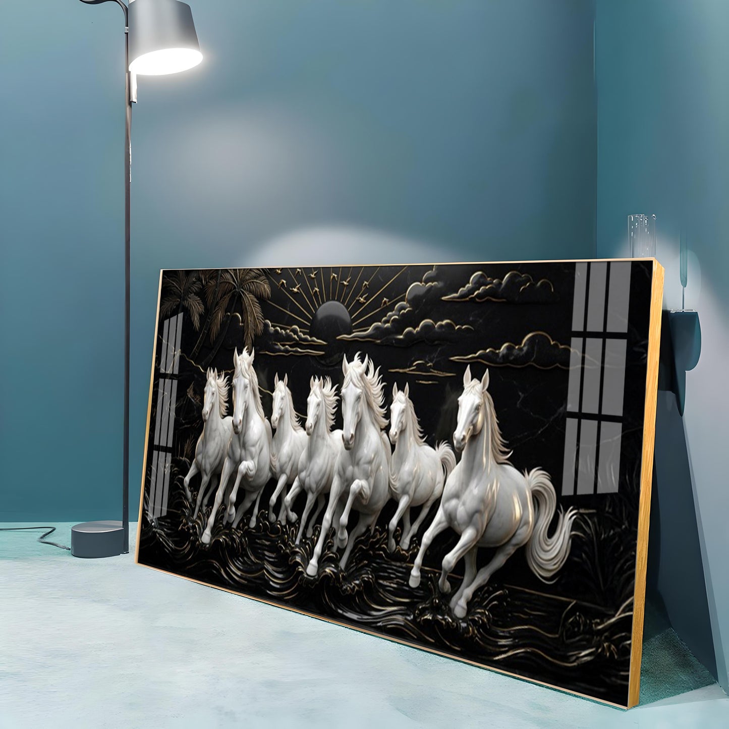 Seven Running Vastu Lucky Horses Premium Acrylic Vertical Wall Art