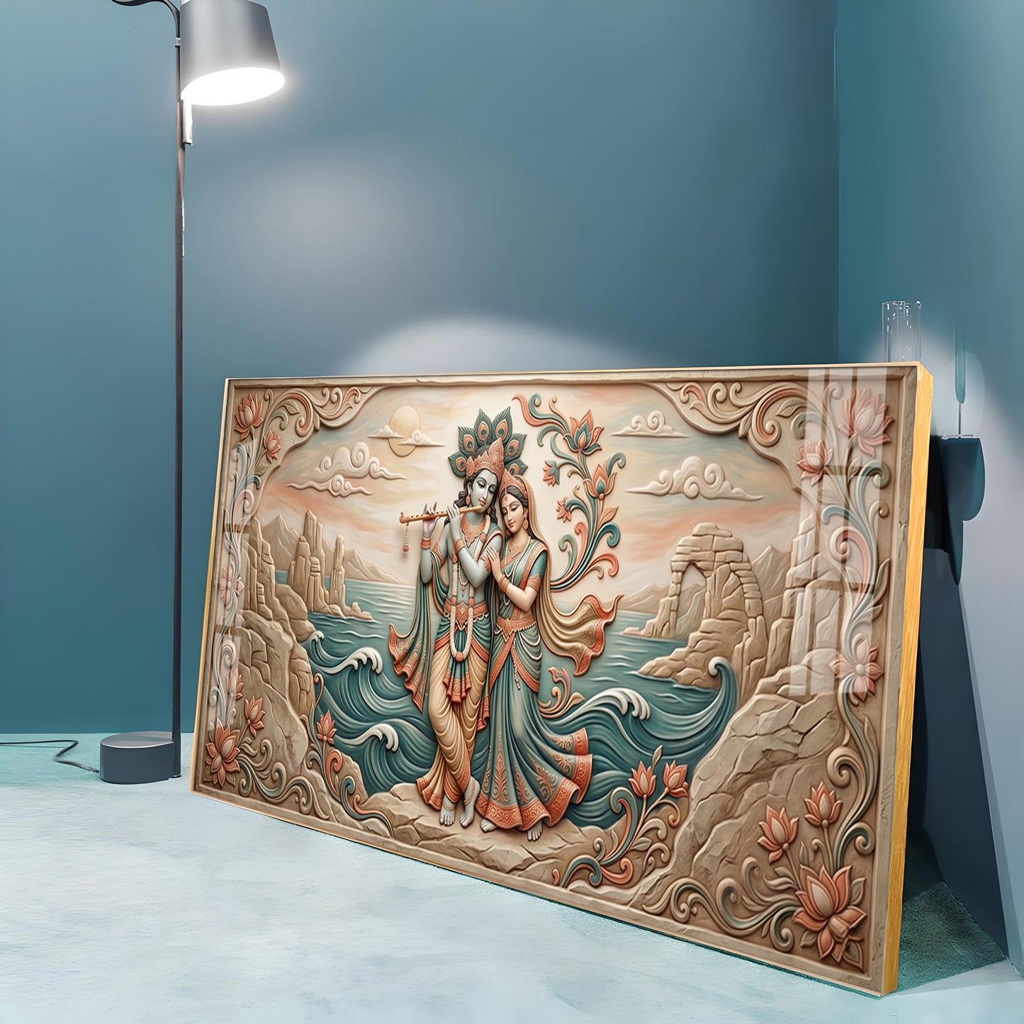 Radha Krishna With Flowers Premium Acrylic Horizontal Wall Art