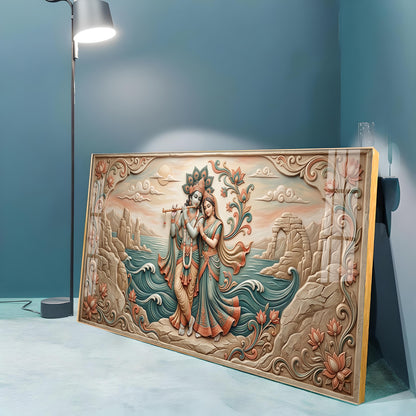 Radha Krishna With Flowers Premium Acrylic Horizontal Wall Art