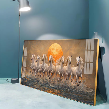 Majestic White Horses With Warm Sun Premium Acrylic Horizontal Wall Art