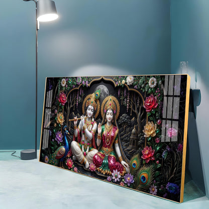 Radha Krishna Ji With Peacock Premium Acrylic Horizontal Wall Art