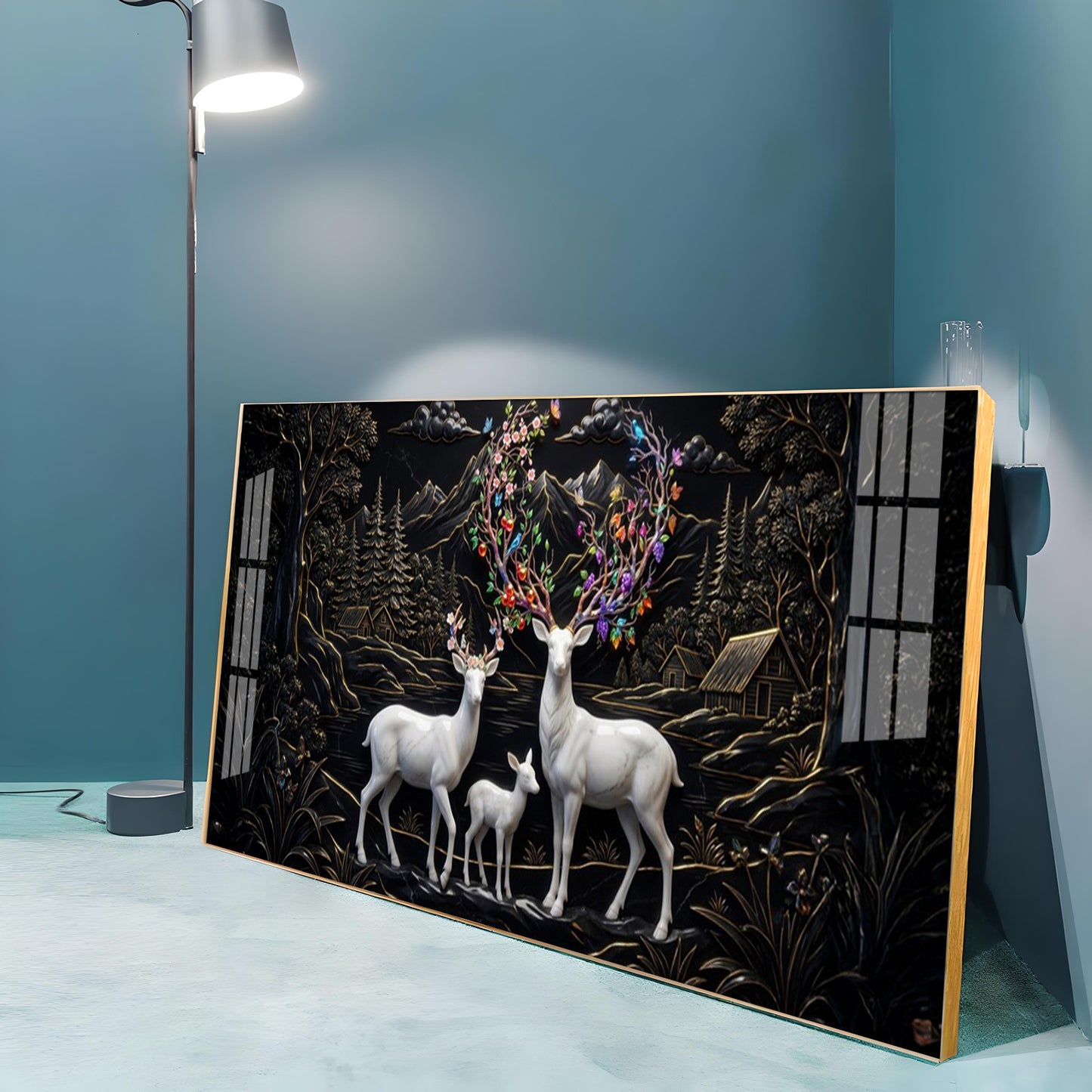 Family of Deer With Colorful Antlers Premium Acrylic Horizontal Wall Art