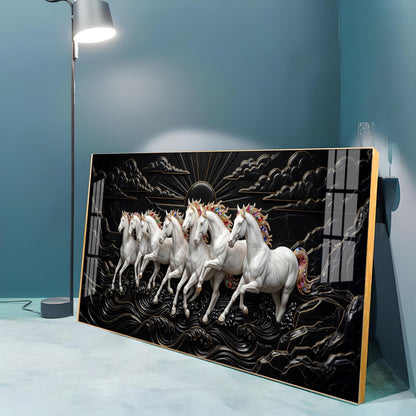 Pure Essence White Seven Horses Premium Acrylic Horizontal Wall Art
