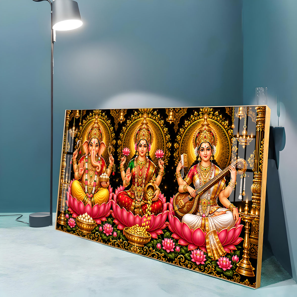 Hindu Lord Ganesha, Goddess Lakshmi, and Goddess Saraswati Premium Acrylic Horizontal Wall Art