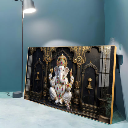 White & Gold Lord Ganesha Premium Acrylic Horizontal Wall Art