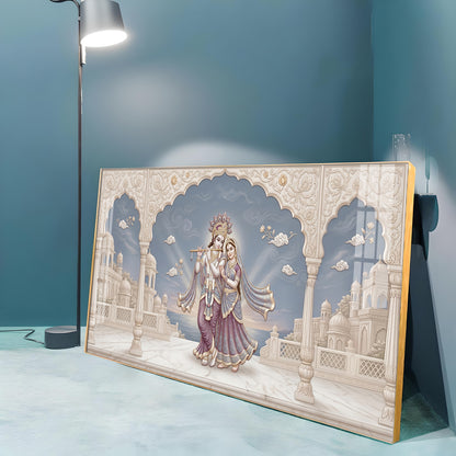 Shri Krishna Playing Flute With Radha Premium Acrylic Horizontal Wall Art