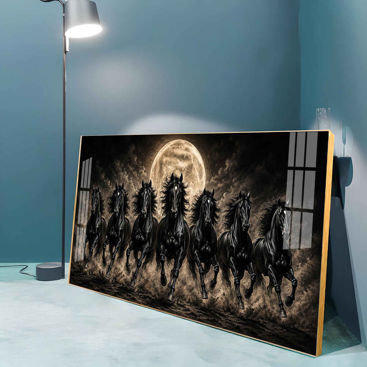 Seven Black Horses Full Moon Premium Acrylic Horizontal Wall Art