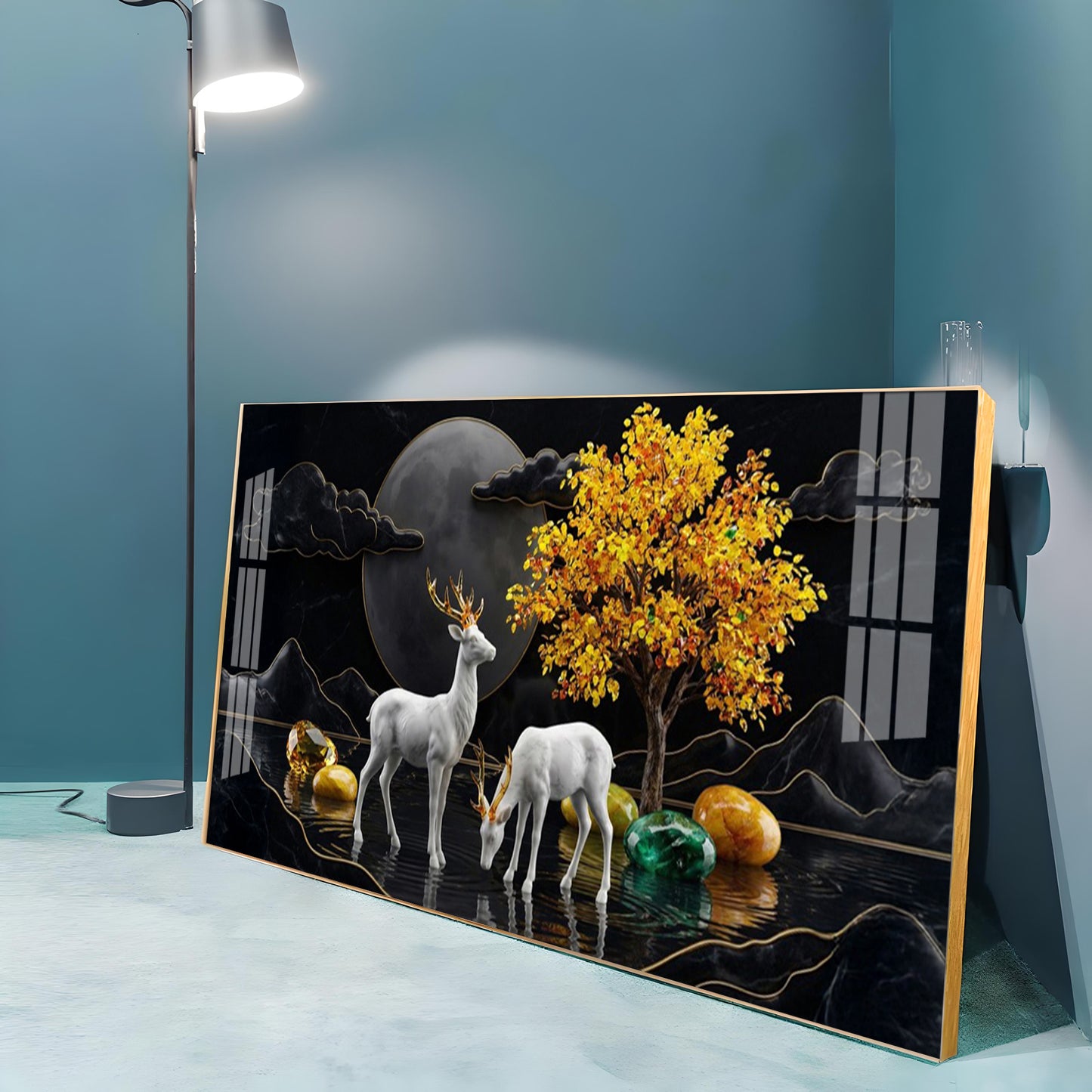 White Deer With Golden Horns Premium Acrylic Horizontal Wall Art