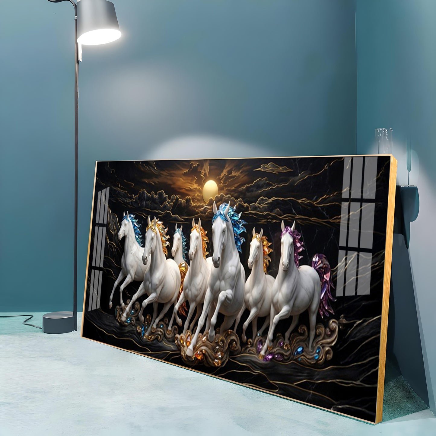 White Seven Running Vastu Lucky Horses Premium Acrylic Horizontal Wall Art