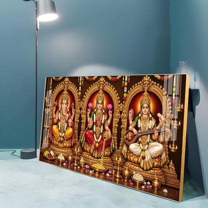 Goddess Laxmi, God Ganesh & Maa Saraswati Premium Acrylic Horizontal Wall Art