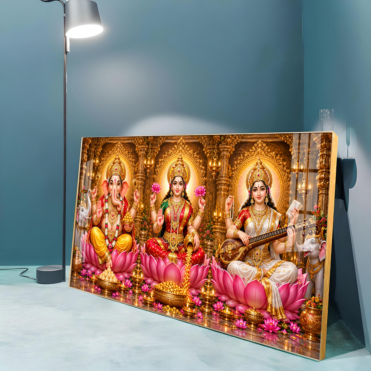 Lord Ganesha, Goddess Lakshmi & Goddess Saraswati Premium Acrylic Horizontal Wall Art