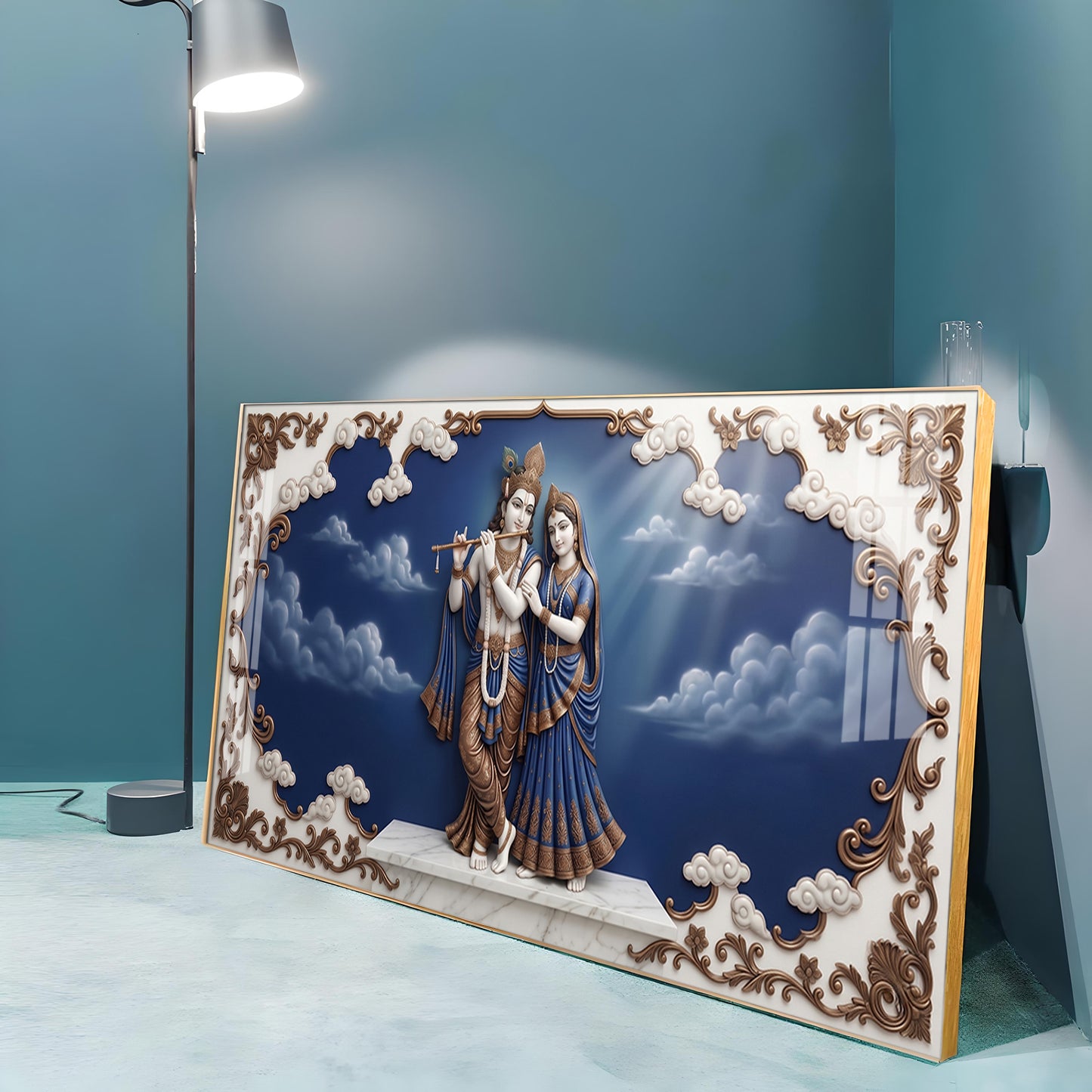 Radha Krishna Surrounded With Blue Backdrop Premium Acrylic Horizontal Wall Art