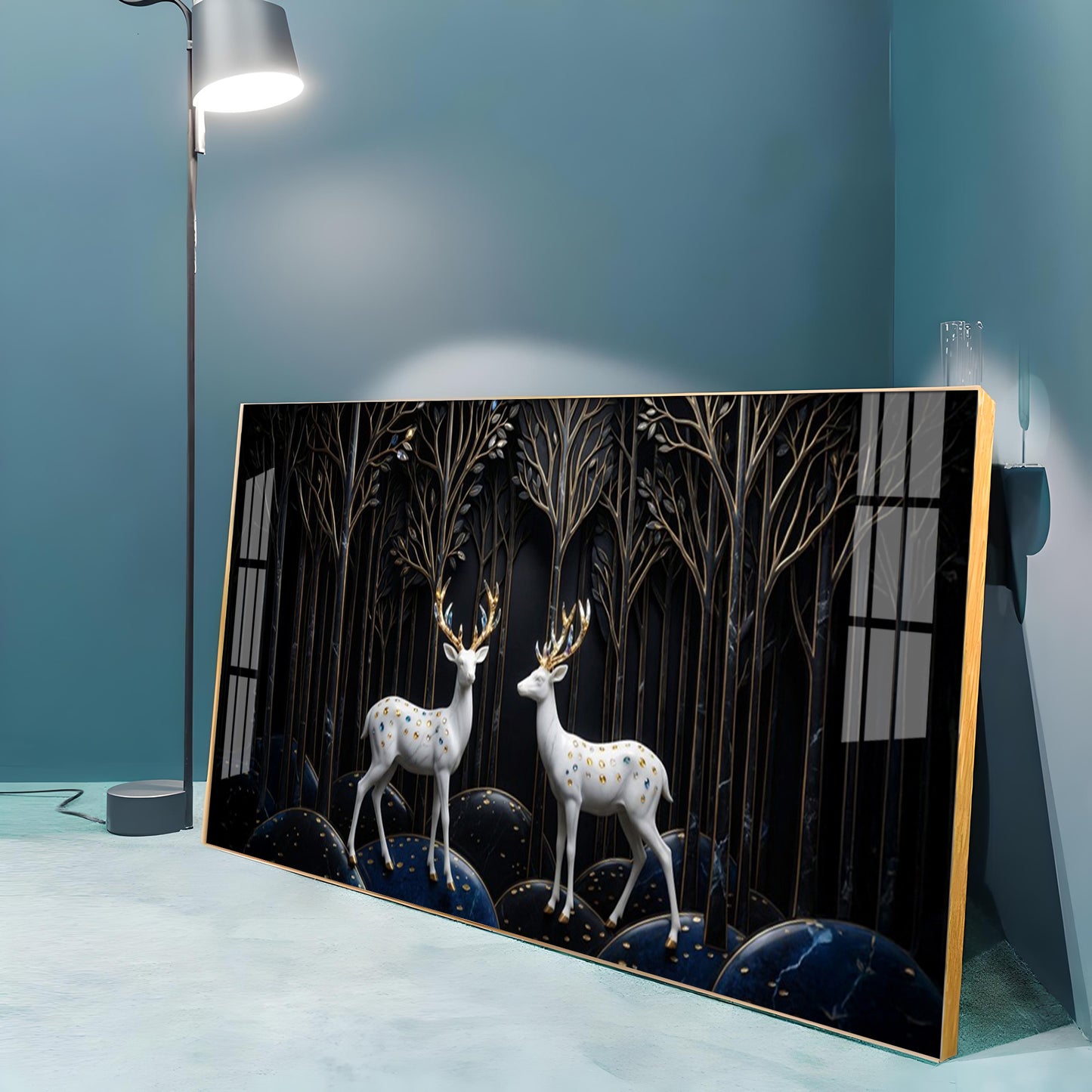 Two White Deer With Golden Antlers Premium Acrylic Horizontal Wall Art