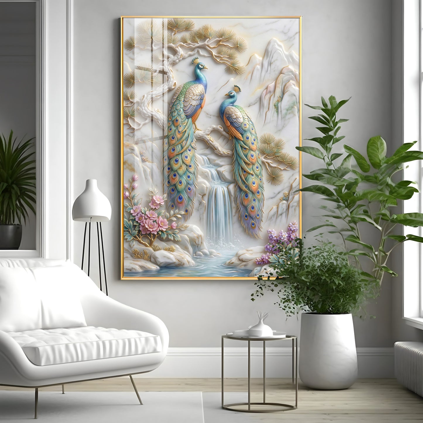 Amazing Two Peacocks Premium Acrylic Vertical Wall Art