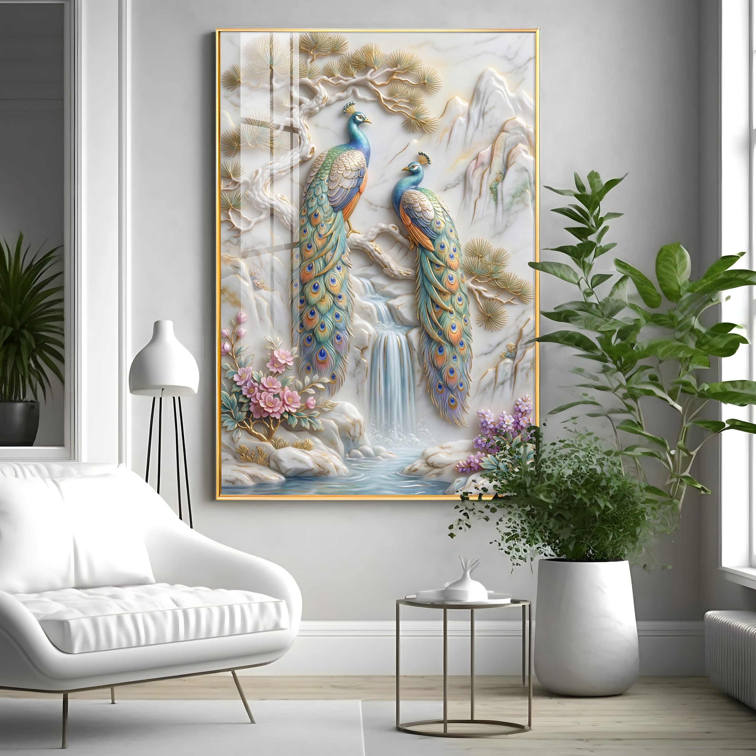 Amazing Two Peacocks Premium Acrylic Vertical Wall Art