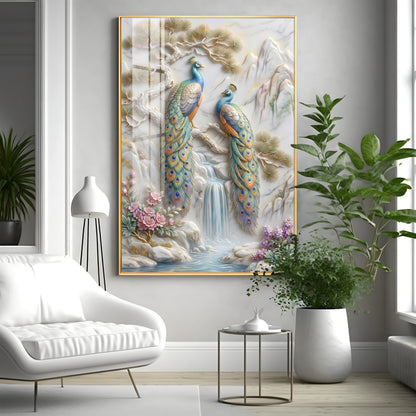 Amazing Two Peacocks Premium Acrylic Vertical Wall Art